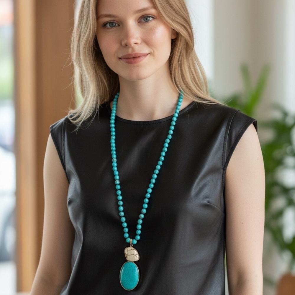 Chic Turquoise Double-Strand Necklace with Pendant